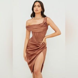 'Lulu'Toffee Asymmetric Drape Midi Corset Dress